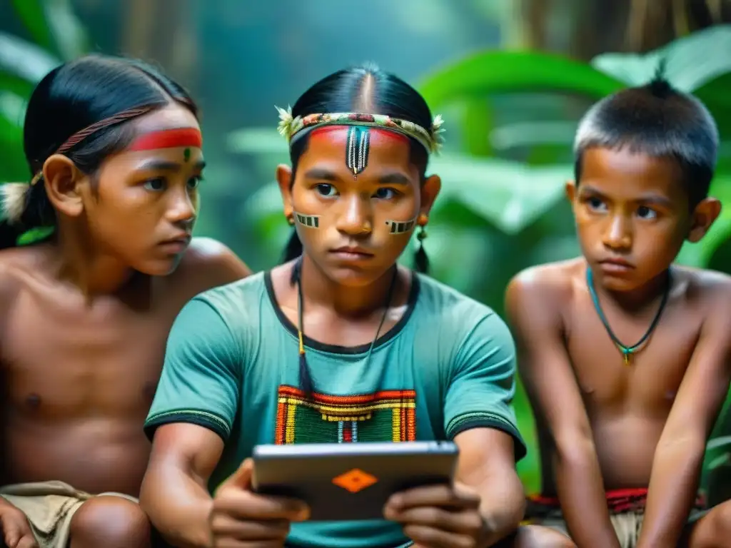 Niños indígenas de la Amazonía juegan videojuegos educativos culturas indígenas en la selva