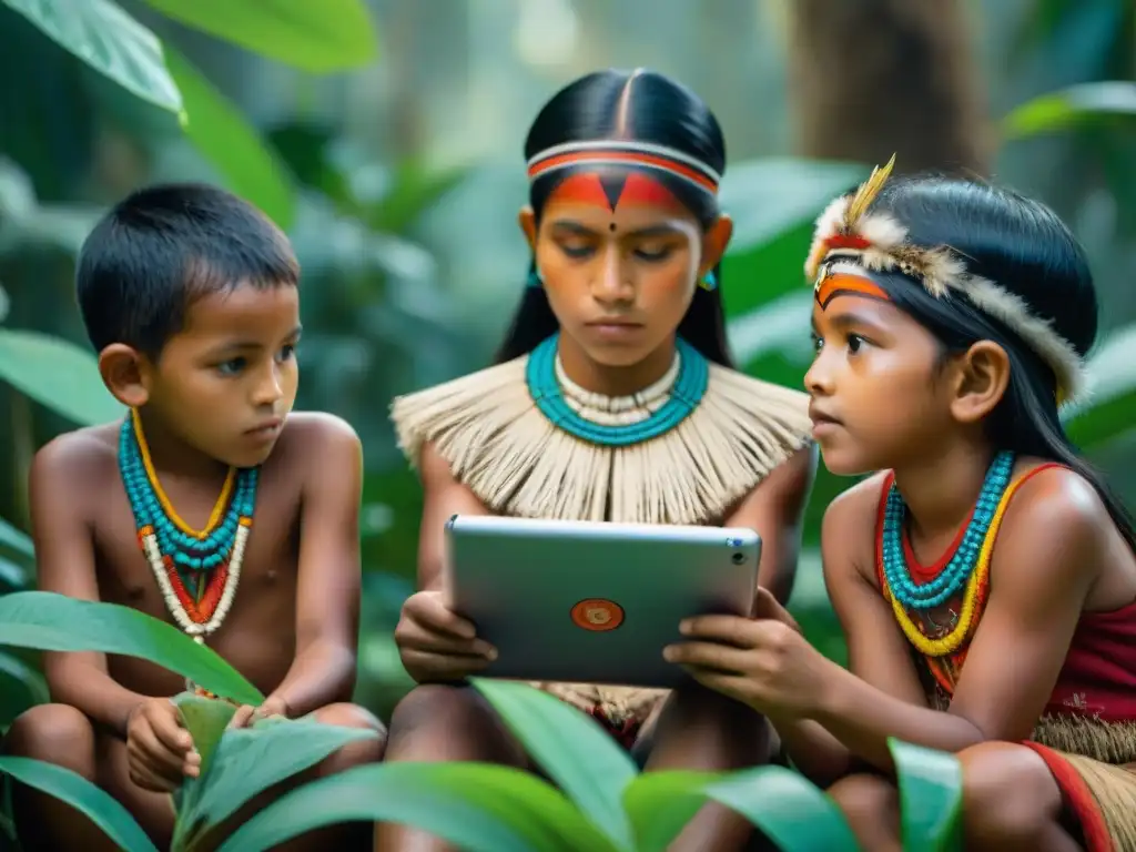 Niños indígenas amazónicos interactúan alegres con una app educativa, fusionando tradición y modernidad