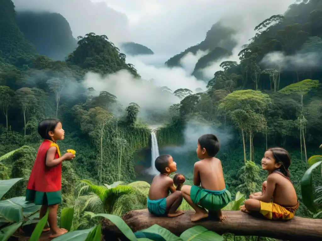 Niños indígenas amazónicos disfrutan de un juego tradicional en la selva, resaltando la importancia del ocio en la cultura indígena