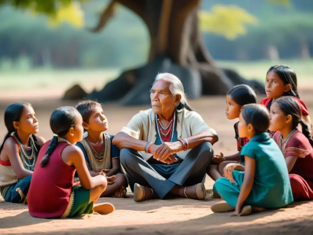 Niños indígenas escuchando a su anciano contar historias bajo un árbol, resaltando la educación en comunidades indígenas