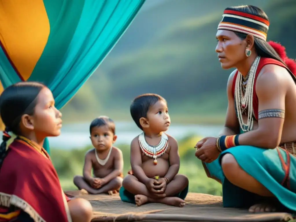 Niños indígenas escuchando a un anciano contar historias de su herencia cultural en una ceremonia tradicional