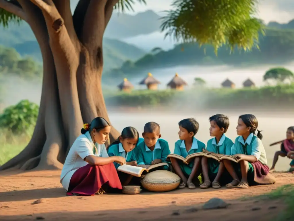 Niños indígenas estudian bajo un árbol en aldea remota, reflejando desafíos educación salud niños indígenas