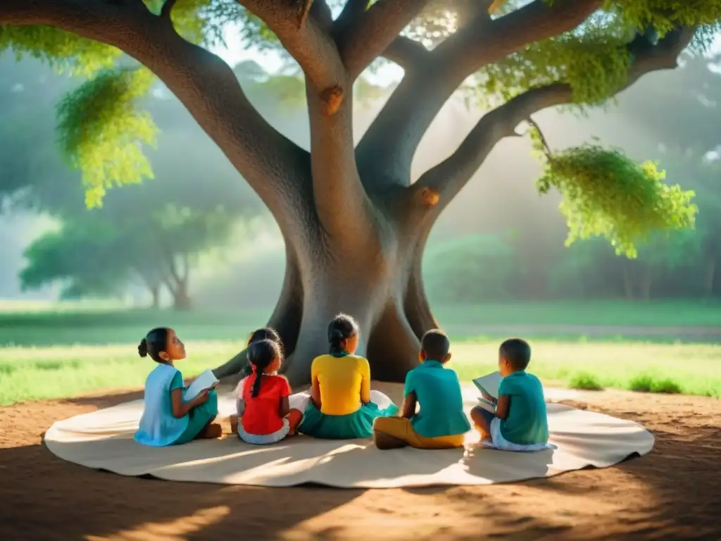 Niños indígenas leen bajo un árbol, disfrutando de la educación bilingüe en comunidades indígenas