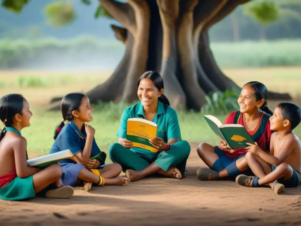 Niños indígenas aprendiendo bajo un árbol, en un entorno natural, en una sesión de educación bilingüe con su maestro