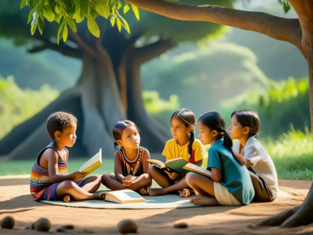 Niños indígenas aprendiendo bajo un árbol, fomentando la preservación de lenguas indígenas