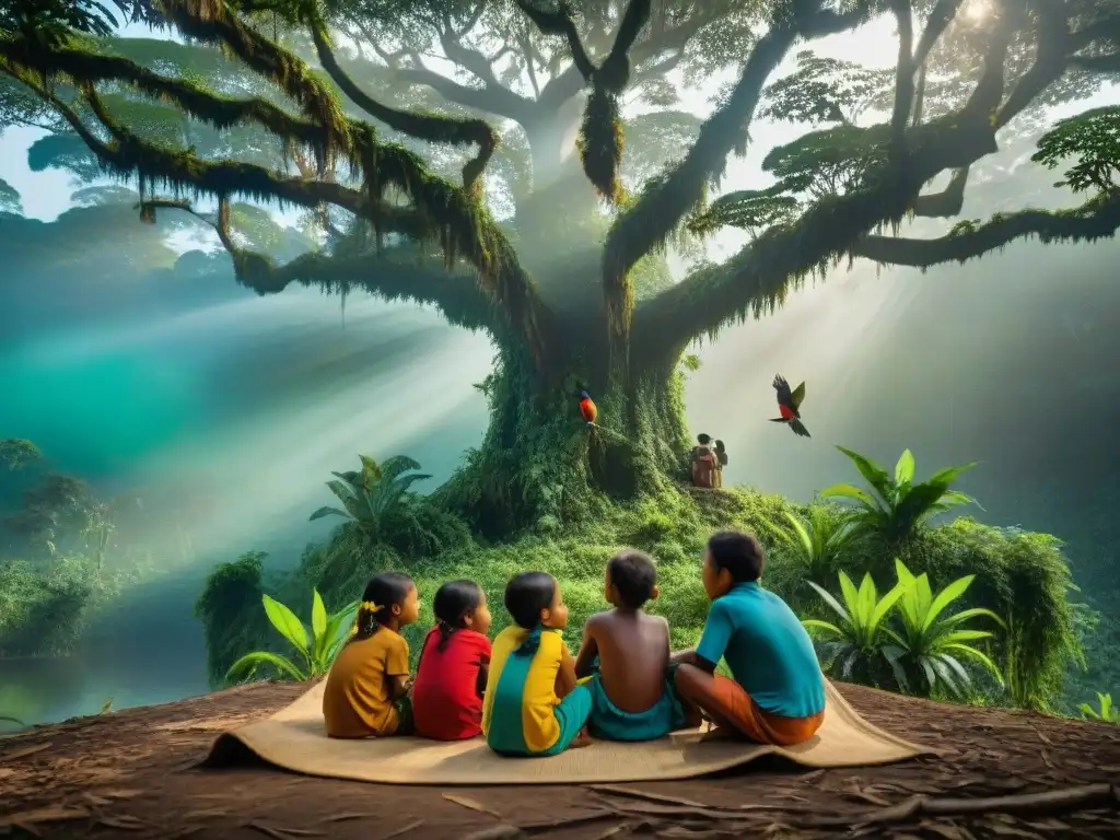 Niños indígenas aprendiendo bajo un árbol en la selva amazónica, resaltando la educación en comunidades amazónicas