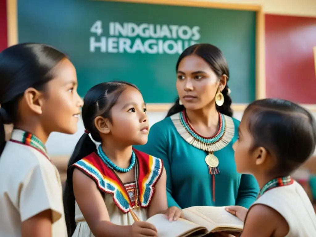 Niños indígenas en aula bilingüe, aprendiendo entre colores y tradiciones