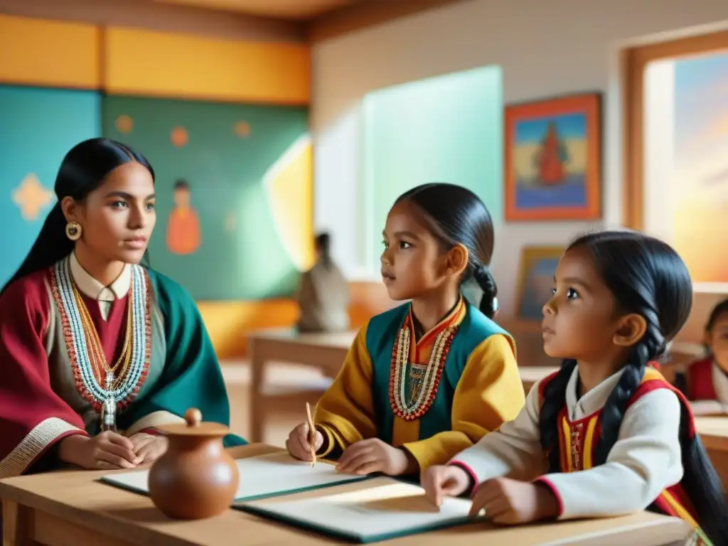 Niños indígenas en aula bilingüe, integración saberes tradicionales y educación contemporánea