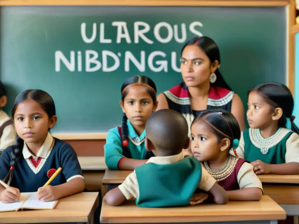 Niños indígenas aprendiendo en aula, con maestro y pizarra en su idioma nativo