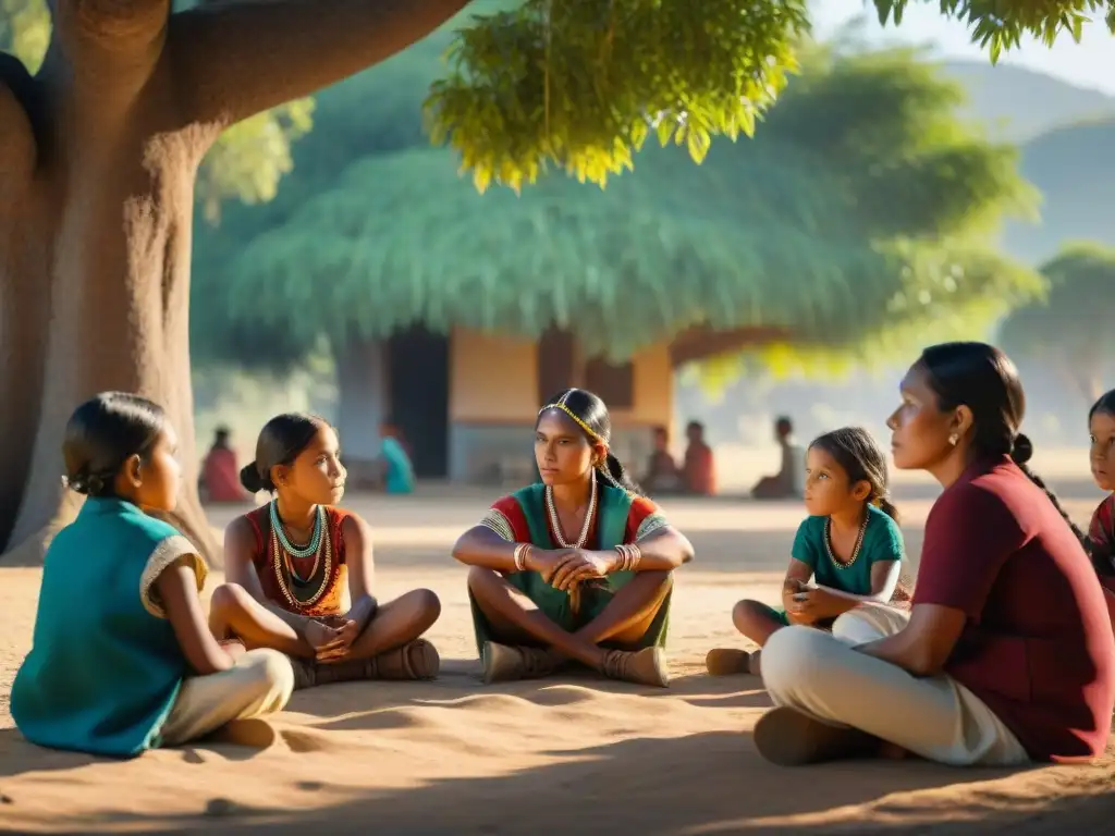 Niños indígenas aprendiendo en círculo bajo un árbol, en clase bilingüe con maestro nativo