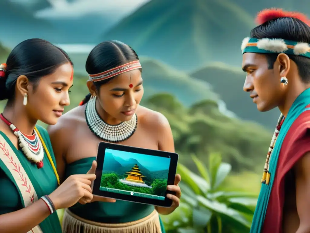 Niños indígenas emocionados exploran una app educativa sobre su herencia cultural en un entorno natural