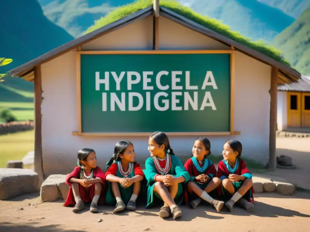 Niños indígenas aprendiendo con pasión en escuela remota bajo árbol, montañas al fondo