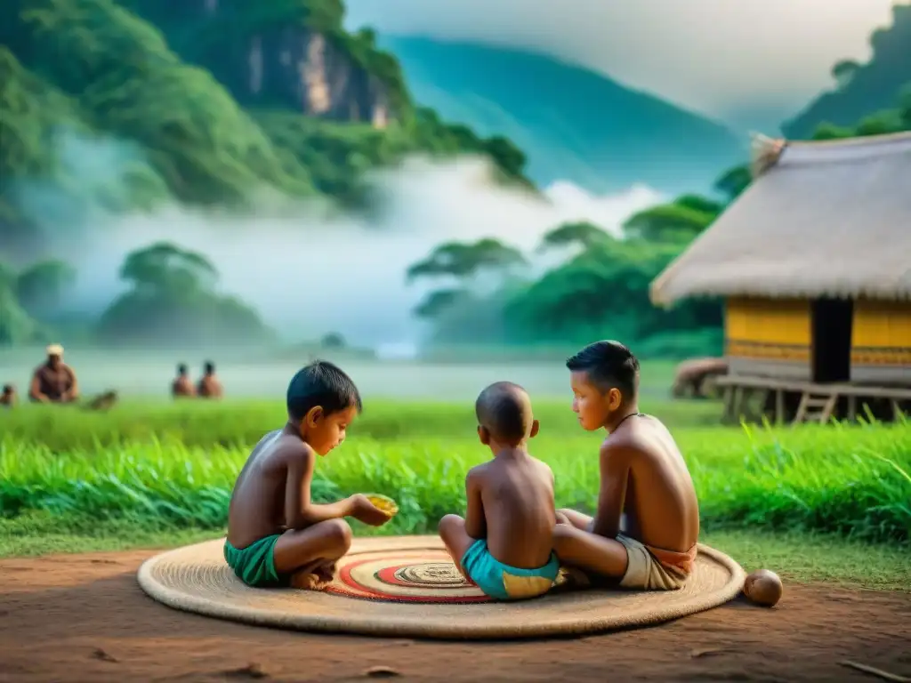 Niños indígenas juegan un juego ancestral en comunidad, rodeados de naturaleza y tradición