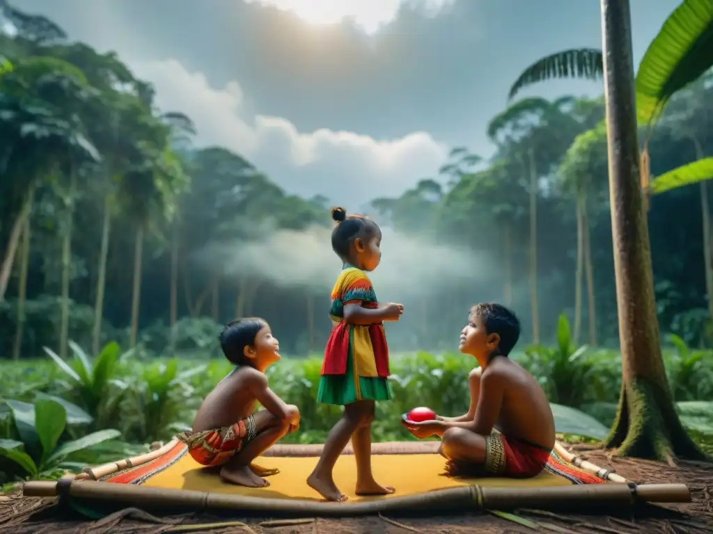 Niños indígenas disfrutan de un juego tradicional en la selva amazónica, destacando la Importancia del ocio en cultura indígena