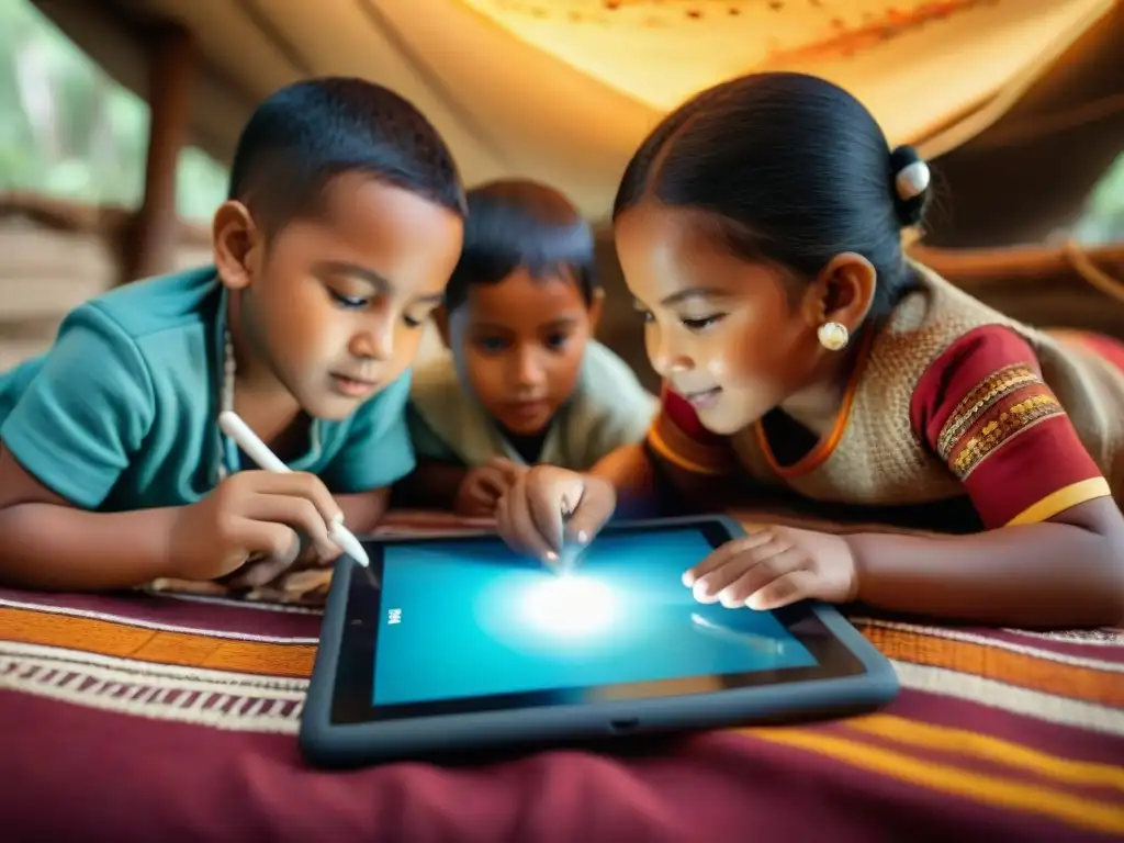 Niños indígenas disfrutan juegos para aprender lenguas indígenas en tablet con elementos culturales tradicionales