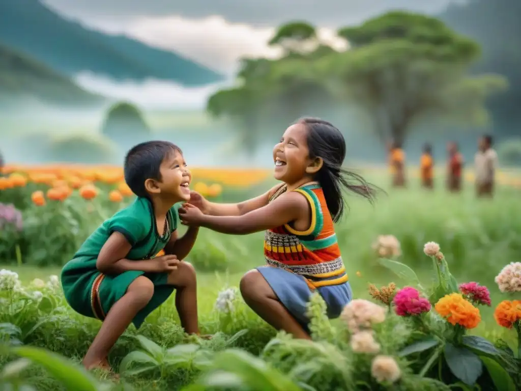 Niños indígenas disfrutando de juegos tradicionales en América