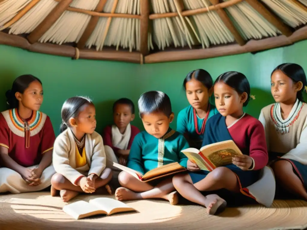 Niños indígenas aprenden lenguas en círculo, en cabaña de madera decorada con arte colorido, creando un ambiente educativo esencial