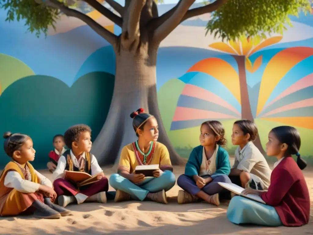 Niños indígenas comparten perspectivas bajo árbol en escuela con mural