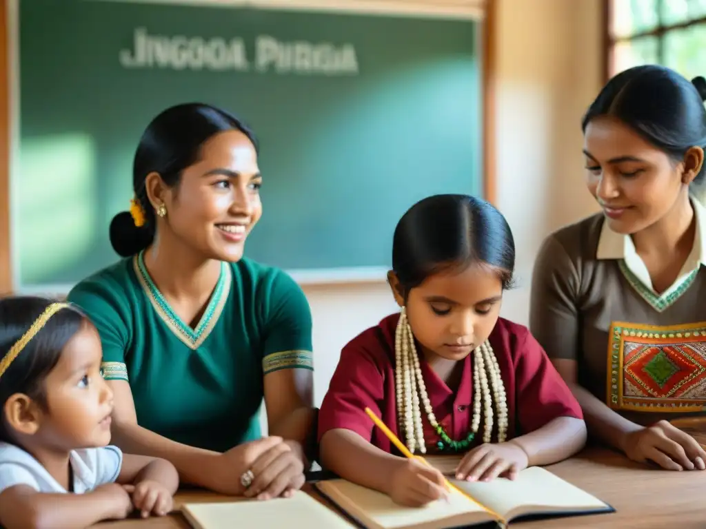 Niños indígenas participan en programa educativo bilingüe apoyado por ONGs promoción educación bilingüe culturas indígenas