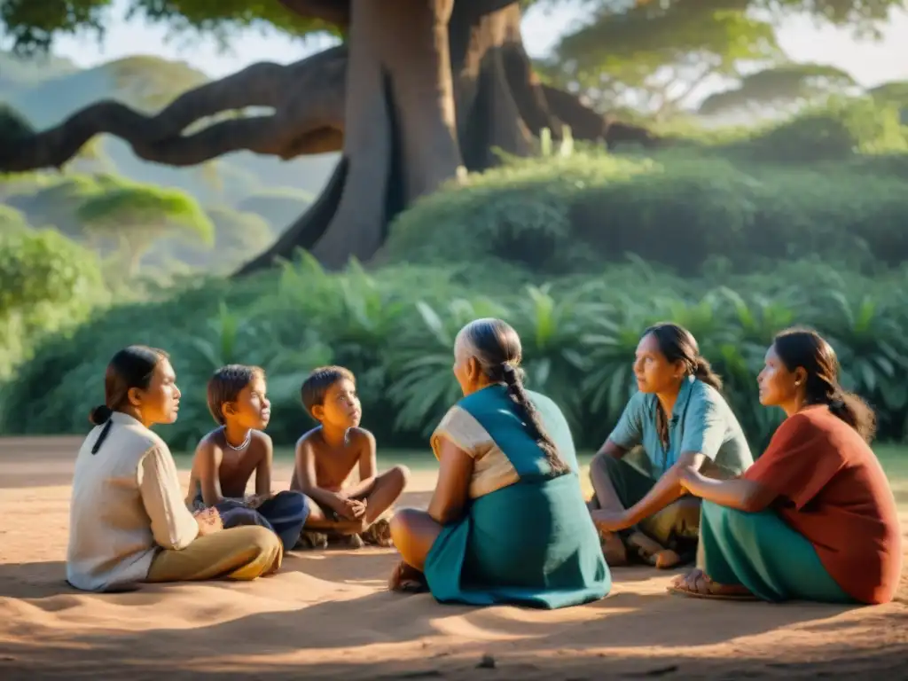 Niños indígenas escuchan con respeto a un anciano contar historias bajo un árbol