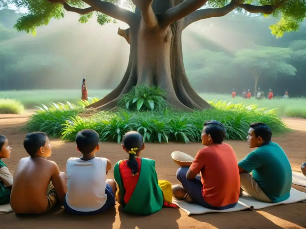 Niños indígenas escuchan con respeto a líder tribal bajo árbol en bosque