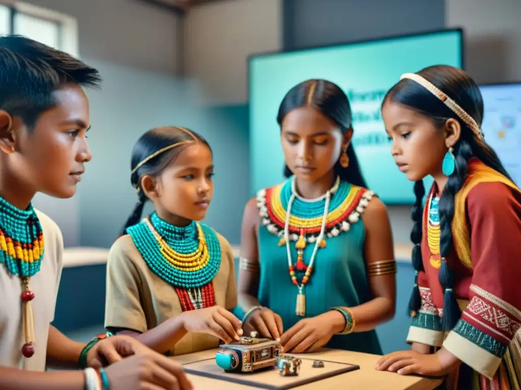 Niños indígenas construyen y programan un robot en un aula colorida, fusionando tecnología educativa con su herencia cultural