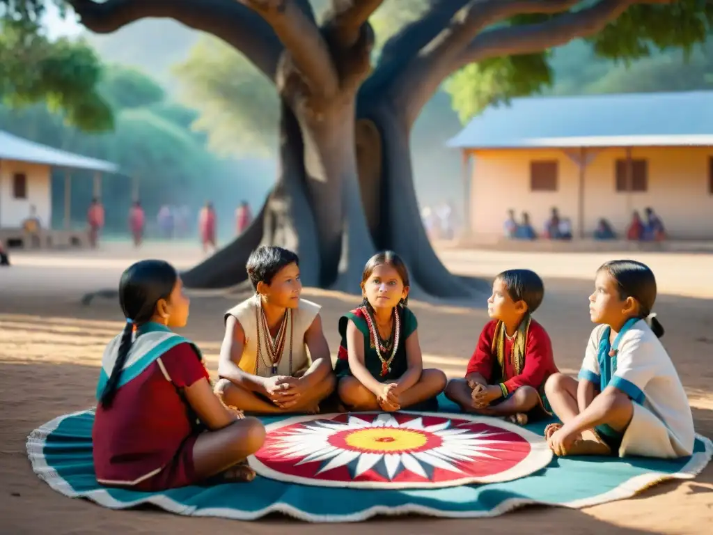 Niños indígenas escuchando sabiduría bajo un árbol con textiles coloridos, promoviendo educación para la igualdad derechos indígenas