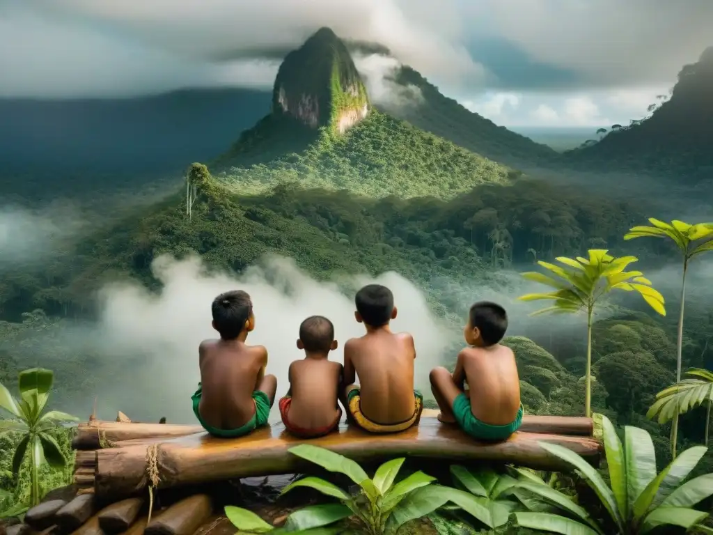 Niños indígenas en la selva amazónica, aprendiendo en aula al aire libre, resaltando la educación en comunidades indígenas remotas