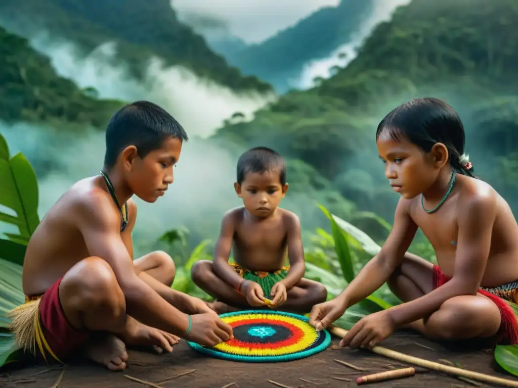 Niños indígenas juegan tradicionalmente en la selva amazónica