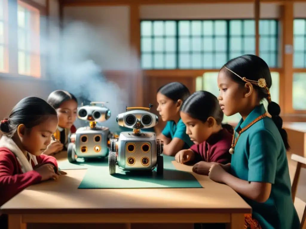 Niños indígenas en taller de robótica educativa en escuela rústica, fusionando tradición y tecnología