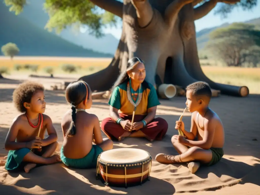 Niños indígenas aprenden música tradicional bajo un árbol, en intercambio cultural