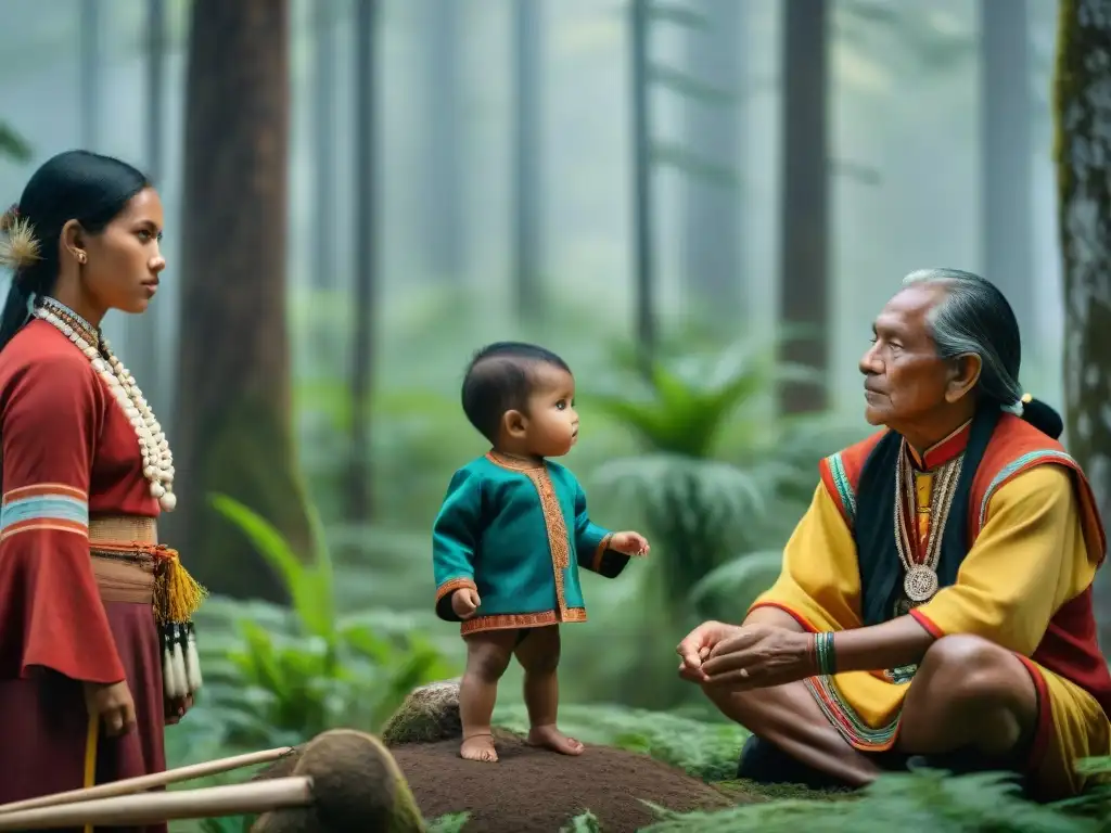 Niños indígenas aprendiendo tradiciones ancestrales en la selva vibrante, rodeados de ancianos