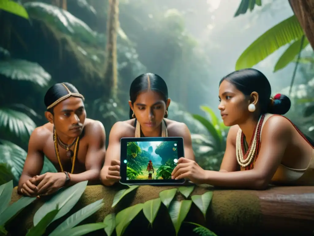 Niños indígenas interactúan con videojuego educativo sobre culturas indígenas en la selva