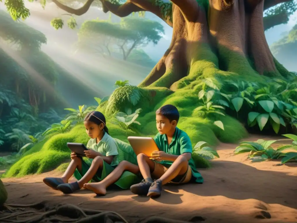 Niños indígenas juegan videojuegos educativos de culturas indígenas bajo un árbol en la selva