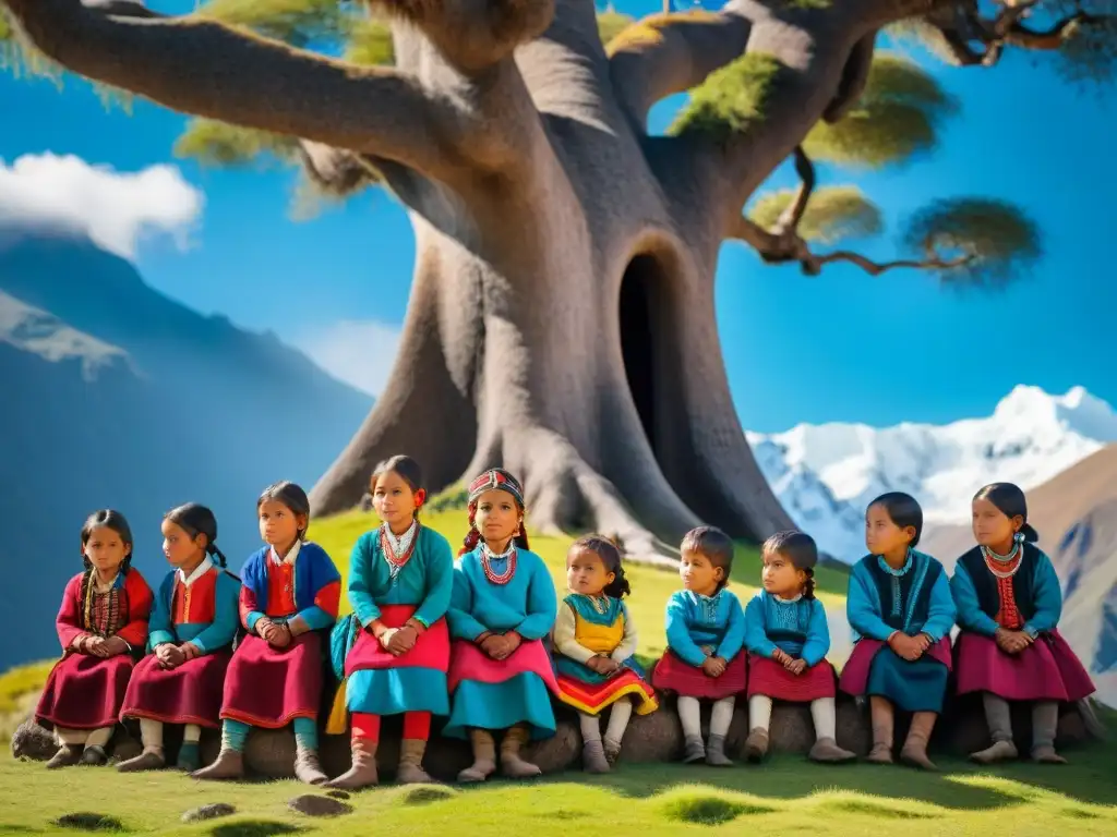 Niños quechuas escuchan atentos a su maestro bajo un árbol antiguo en los Andes, fusionando conocimientos tradicionales con educación moderna