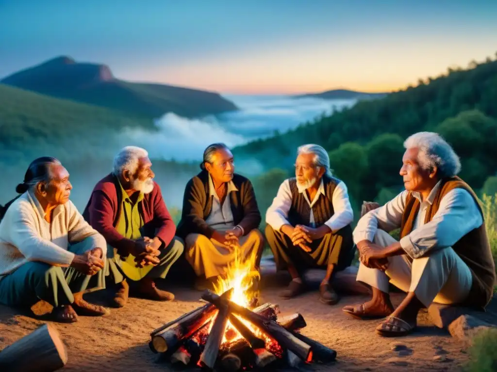 Noche estrellada: ancianos indígenas narran cuentos junto al fuego, transmitiendo sabiduría a jóvenes