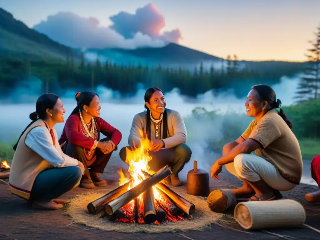 Comunidad indígena vibrante alrededor de una fogata en la selva Noche estrellada: comunidad indígena animada alrededor de fogata