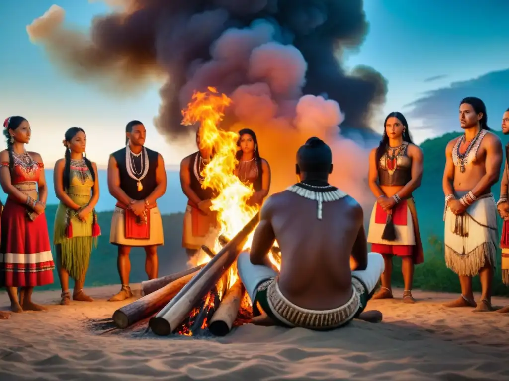 Vibrante encuentro ancestral alrededor de la fogata bajo las estrellas Noche estrellada con grupo indígena alrededor de fogata