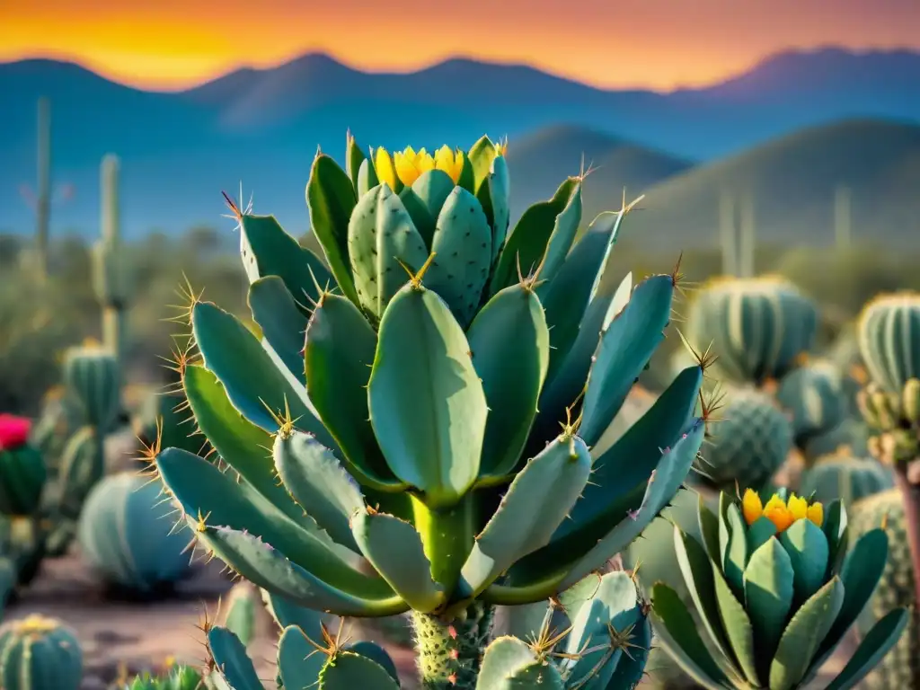 Un nopal brillante en el desierto mexicano al atardecer, rodeado de símbolos de resistencia y esperanza