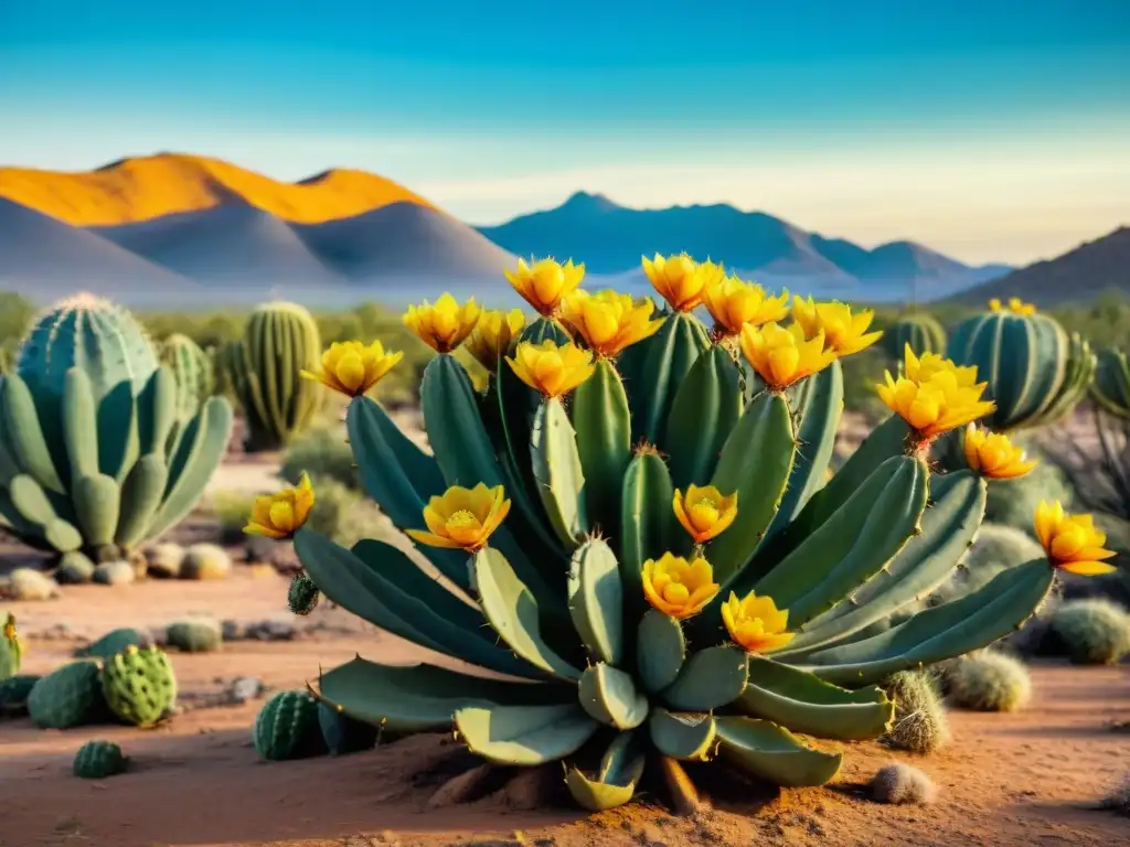 Un nopal vibrante en el desierto mexicano, cosechado por manos indígenas, simbolizando la conexión con el superalimento global y culturas indígenas