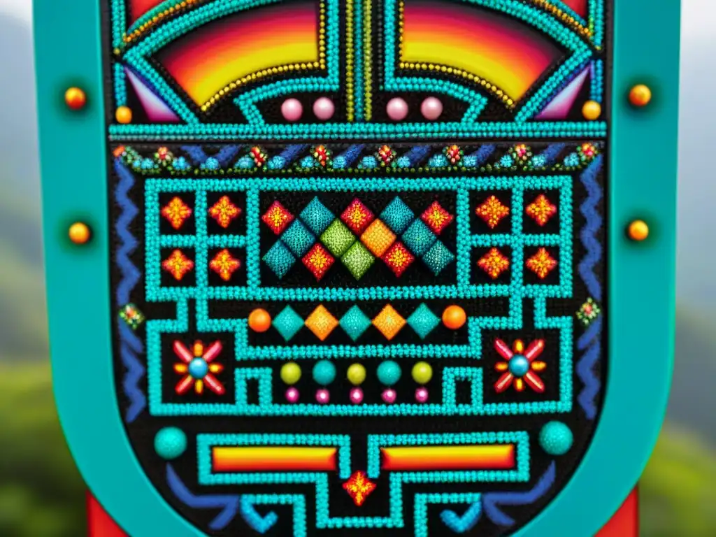 Una obra de arte Huichol contemporánea detallada, resaltando la artesanía indígena antigua