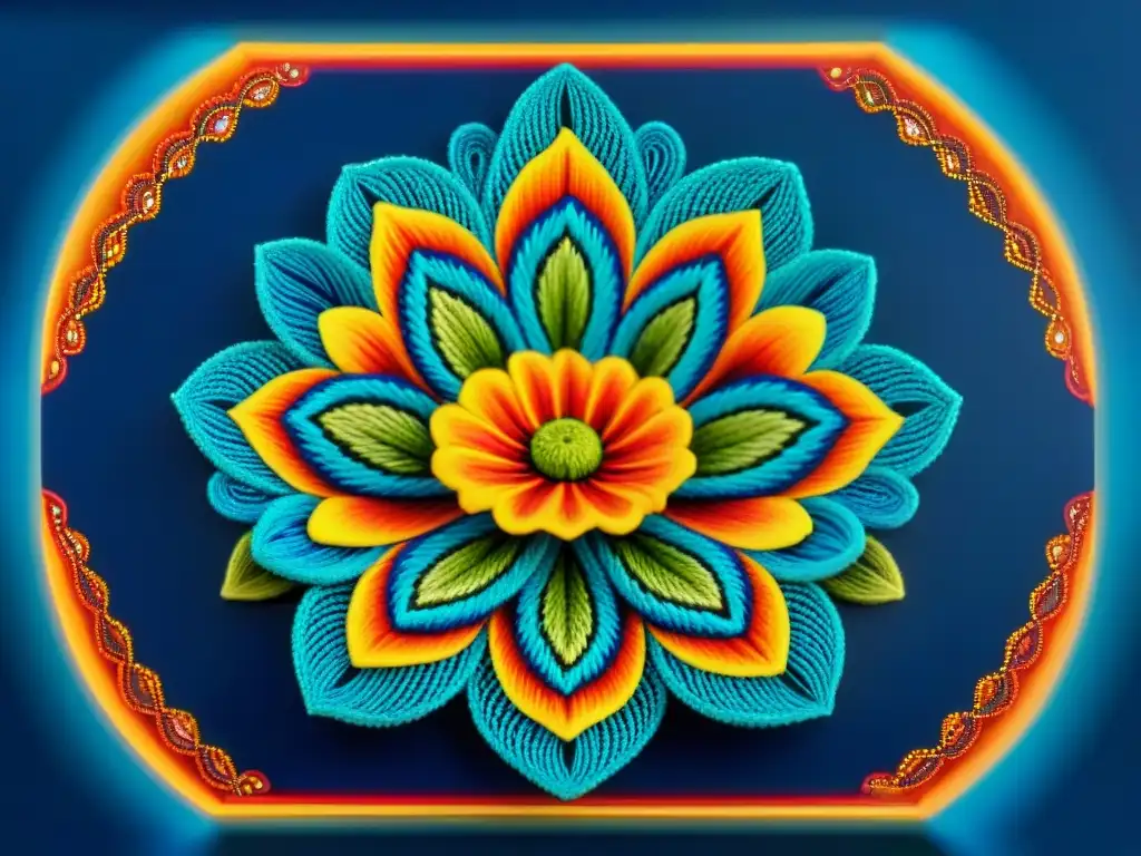 Obra de arte Huichol: flor de peyote vibrante en un fondo azul, reflejando la terapia con arte indígena mexicana