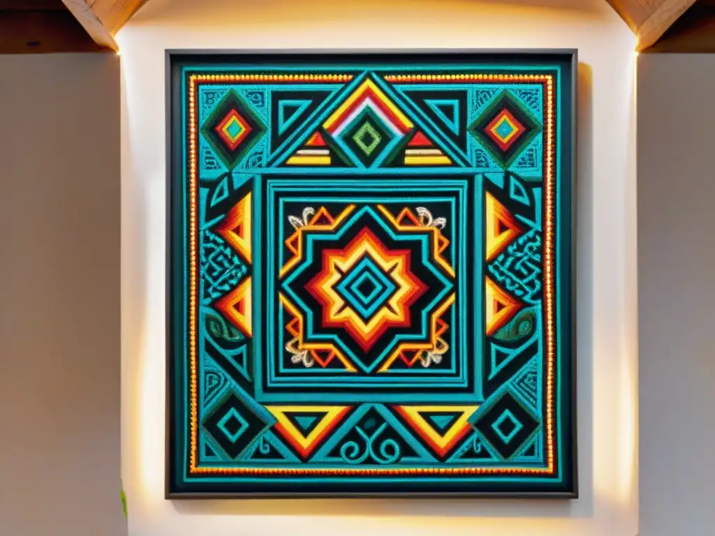 Obra de arte Huichol con patrones vibrantes y símbolos tradicionales, iluminada por la luz natural