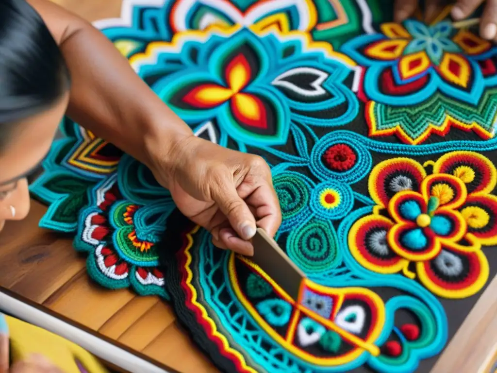 Una obra de arte huichol en progreso, con un artista indígena concentrado en plasmar su herencia cultural en plataformas digitales arte indígena