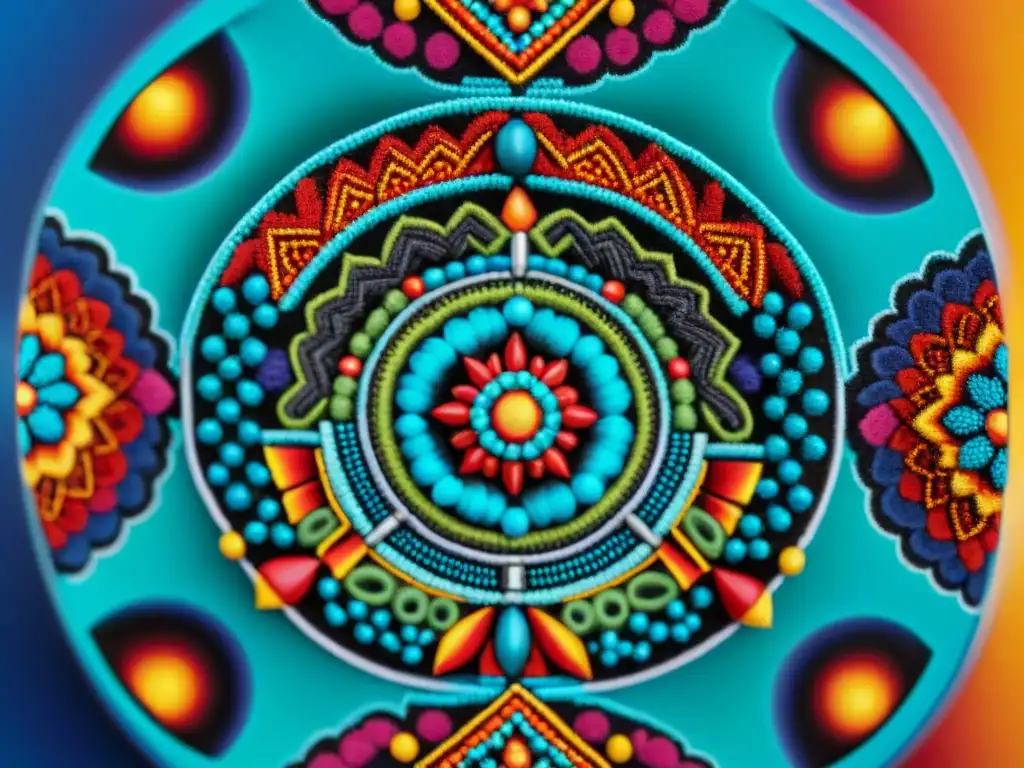 Obra de arte Huichol con vibrantes colores y patrones intrincados, simbolizando la Terapia del Arte Indígena