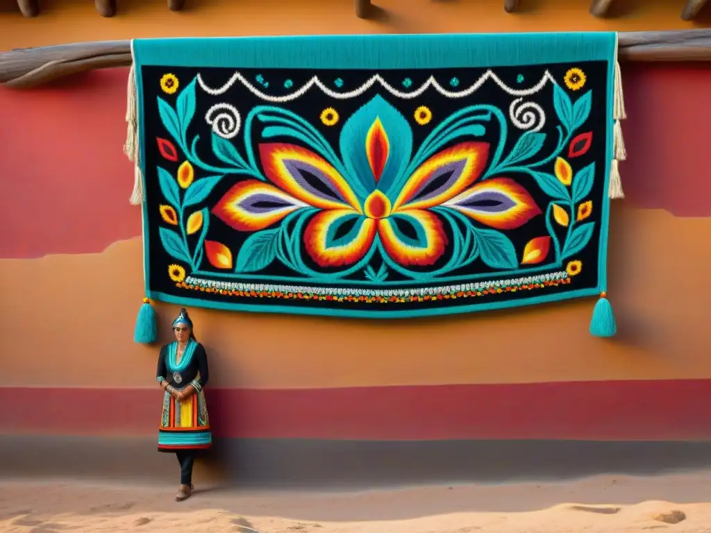 Obra de arte indígena Huichol con coloridos detalles sobre pared de adobe