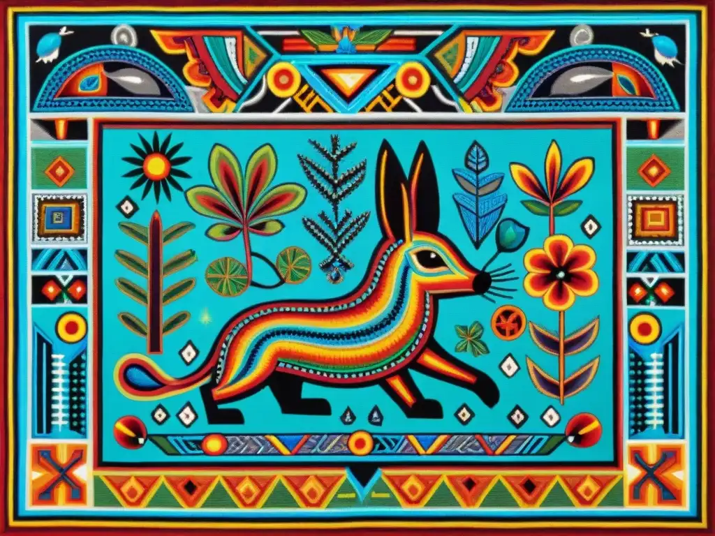 Obra colorida de arte Huichol con símbolos e intrincados motivos como plantas de peyote, animales y patrones geométricos