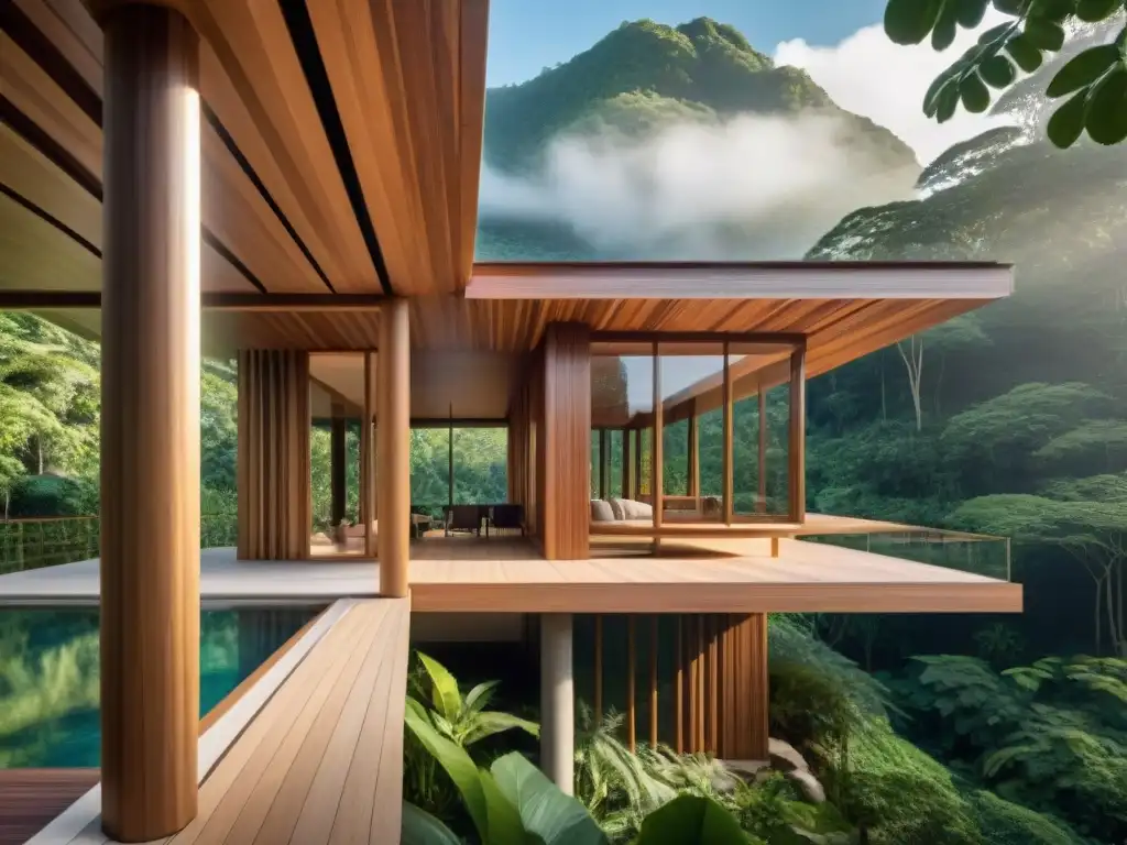 Una obra maestra arquitectónica que fusiona diseño indígena con contemporáneo en América, rodeada de exuberante selva verde