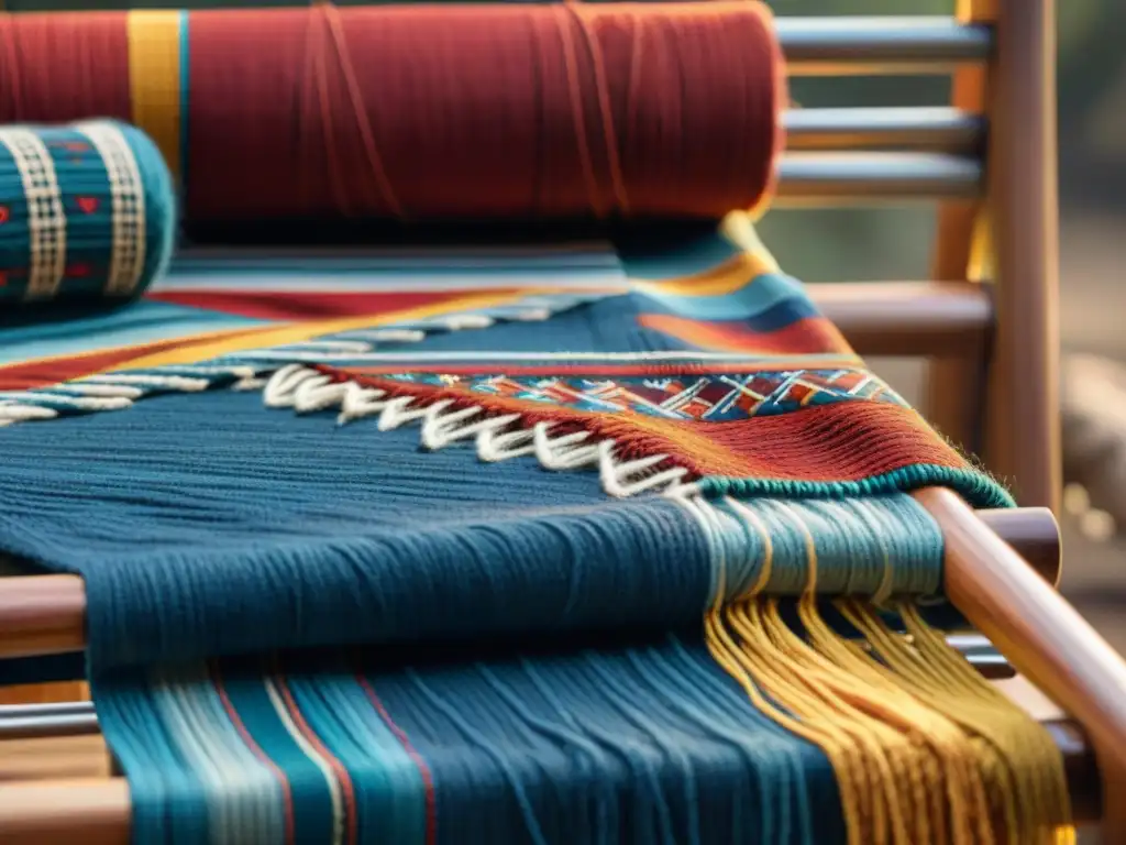 Obra textil vibrante de maestros tejedores indígenas destacados, con símbolos tradicionales y coloridas lanas