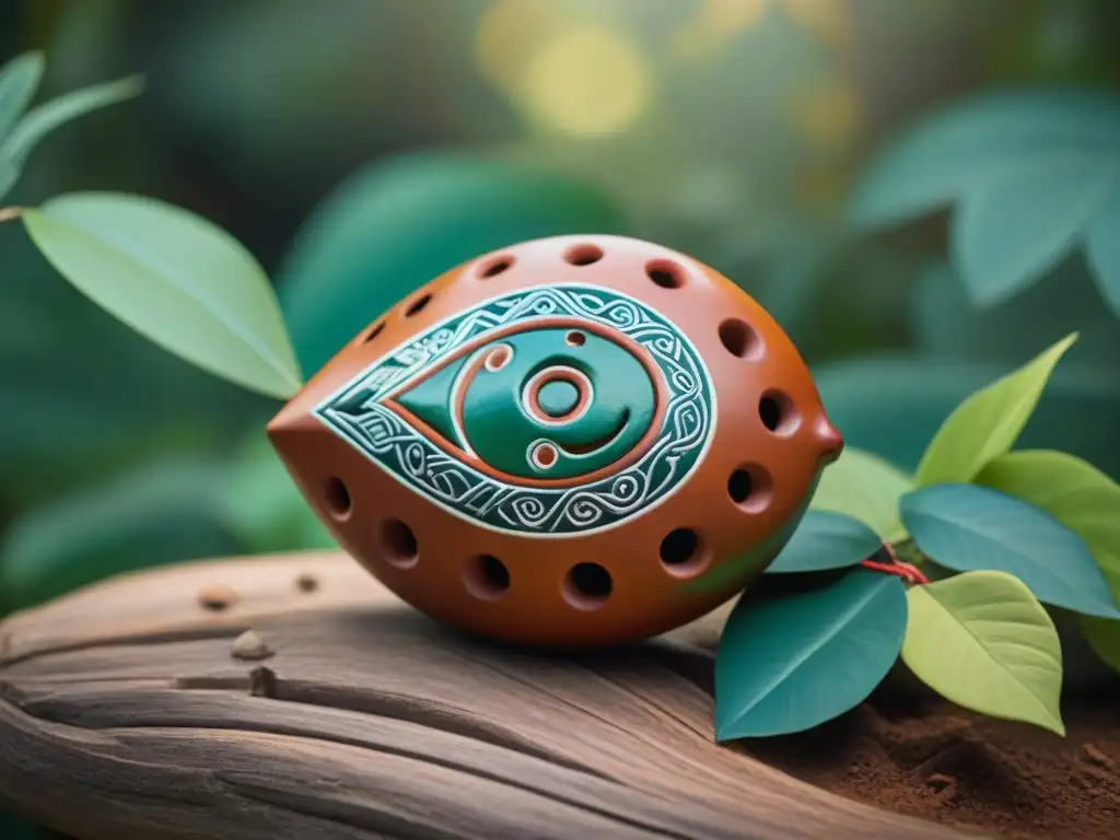 Una ocarina artesanal de barro con símbolos indígenas detallados y colores vibrantes, reposa sobre hojas verdes en un entorno indígena tradicional